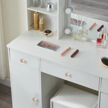 White Dressing Table LED Mirror 3 Drawers Stool Vanity Desk Makeup Set Bedroom - White - View 7