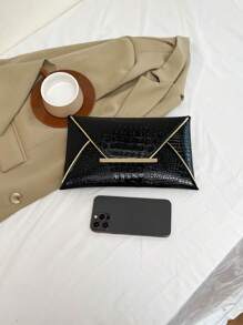 鳄鱼纹、大理石纹、简约、时尚、休闲 PU、纯色手拿包信封包、优雅女士手拿包 - 黑色 - 查看 9