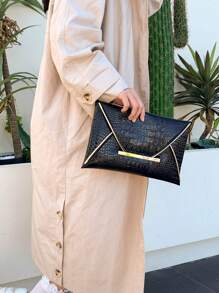 鳄鱼纹、大理石纹、简约、时尚、休闲 PU、纯色手拿包信封包、优雅女士手拿包 - 黑色 - 查看 4