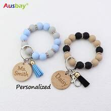 Ausbay Customized Silicone Beaded Wristlet Keychain With Custom Tag Fashion Bag Charm Bag Lanyard Personalized Name Bangle Key Chain Women Or Men Gift - White - View 7
