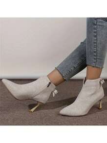 Women's Pointed Toe Slip-On Ankle Boots Stiletto Heels, Zipper Side, Sparkly, Beige, Bow Decor, Daily & Party Wear