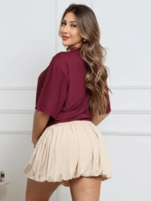 Women's Short High Waist Bubble Pleated Balloon Skirt - 米色 - 查看 2