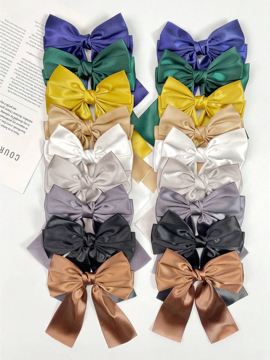 18 Piece Set Solid Color Ribbon Bow Hair Clip, Sweet Style Satin Bow