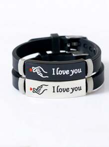 ATLVXJL 2 件夜光情侣知道你爱你心形图案字母我爱你吊饰黑色硅胶手链在黑暗中成长适合夏季女士女士爱人节日礼物 - 彩色 - 查看 3