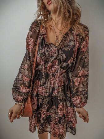 Vintage Floral Print Puff Sleeve V Neck Smock Waist Boho Dress