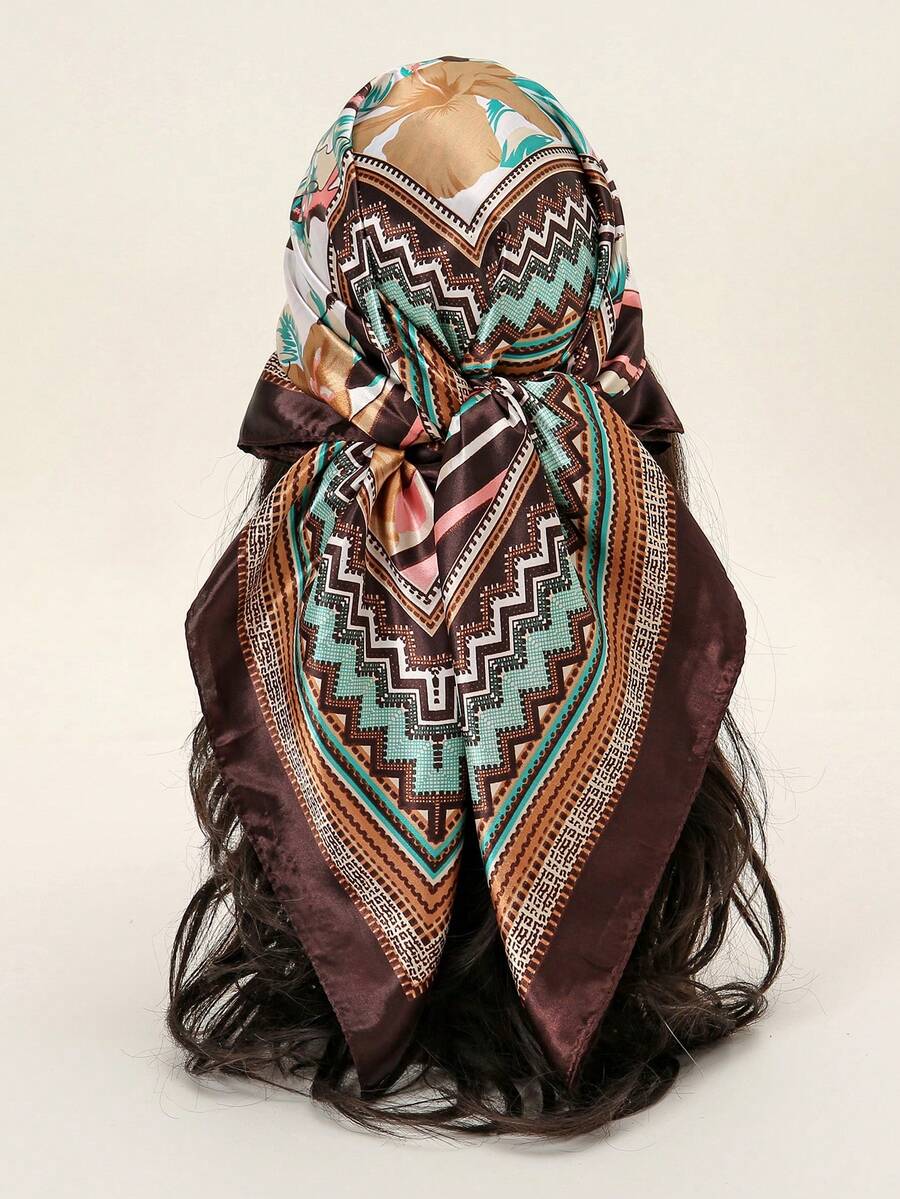 1 件女士时尚皇家优雅几何缎面印花头巾，波西米亚风格头巾 - 咖啡 - 查看 1