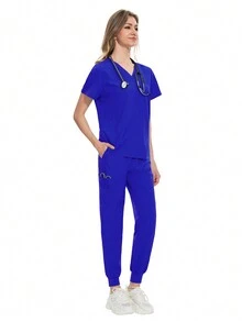 Scrubs Women Beauty SPA Uniform Pet Clinic Store Veterinary Dentistry Work Clothes Set Nurse Scrubs Set Soft Hospital Uniform - Royal Blue - View 4