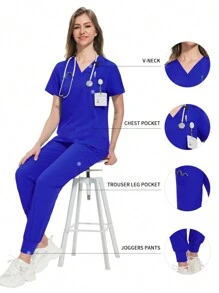 Scrubs Women Beauty SPA Uniform Pet Clinic Store Veterinary Dentistry Work Clothes Set Nurse Scrubs Set Soft Hospital Uniform - Royal Blue - View 1