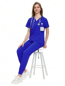 Scrubs Women Beauty SPA Uniform Pet Clinic Store Veterinary Dentistry Work Clothes Set Nurse Scrubs Set Soft Hospital Uniform - Royal Blue - View 7