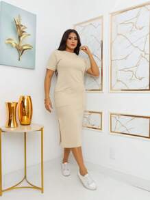 Midi Sweatshirt Dress With Front Pockets - Stylish And Modern | Fashion 2024 - 卡其色 - 查看 2