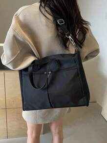 low tea 1 件女士纯色尼龙面料手提包，休闲学院风，大容量书包，拉链封口，多个口袋，双手柄，适合青少年、大学生、办公室女士、旅行、购物、约会、礼物 - 黑色 - 查看 4