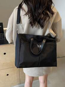 low tea 1 件女士纯色尼龙面料手提包，休闲学院风，大容量书包，拉链封口，多个口袋，双手柄，适合青少年、大学生、办公室女士、旅行、购物、约会、礼物 - 黑色 - 查看 6