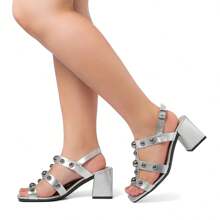 Women's Sandal With Thick Medium Heel And Metallic Polka Dot Straps Comfort - 銀色 - 查看 4