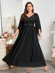 Plus Size Deep V-Neck Contrast Color Sequin Lace Butterfly Sleeve Chiffon Maxi Formal Dress - Black - View 5