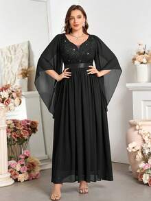 Plus Size Deep V-Neck Contrast Color Sequin Lace Butterfly Sleeve Chiffon Maxi Formal Dress - Black - View 4