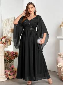 Plus Size Deep V-Neck Contrast Color Sequin Lace Butterfly Sleeve Chiffon Maxi Formal Dress - Black - View 6