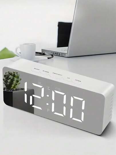 1pc Luminous Mirror Black White Digital LED Alarm Clock USB Digital LED Display Electronic Alarm Clock Displays Temperature Date Sleep 12/24H Time Brightness Dimmer (Battery Not Included)