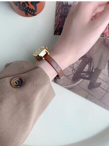 1 件全新简约小巧方形表盘女士石英表，金色表盘搭配黑色表带，适合送礼/派对/搭配 - 棕色 - 查看 2