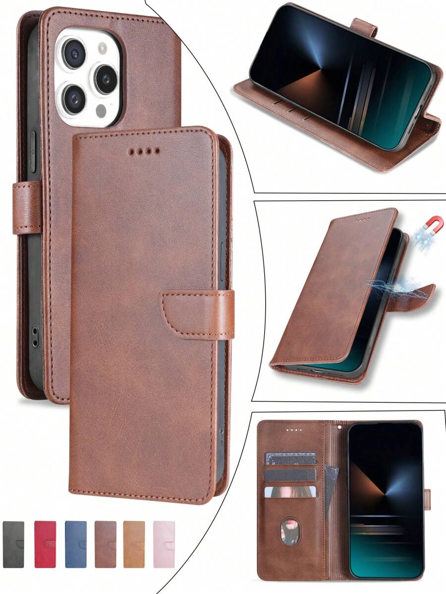 适用于男士的手机壳，适用于 16的高级仿皮翻盖保护壳+支架手机壳，做工精良的全套手机壳，兼容 11/12/13/14/15 Pro Max，兼容三星S24U，兼容OPPO，兼容vivo，兼容红米Note 11/12 Pro，国际版，非国内版 - 棕色 - 查看 1