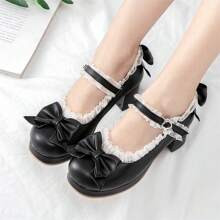 Women Kawaii Mid Block Heel Mary Jane Rockabilly Pumps With Bow Platform Chunky Heel Cute Sweet Shoes Valentines