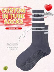 Face Socks 1 Pair Customized Face Pattern Funny Mid-Calf Socks For Women, Personalized With Embroidered Text, Anti-Slip Yoga/Pilates Socks With Custom Text, Good Gift For Valentine's Day, Birthday, And Other Occasions - Dark Grey - View 1