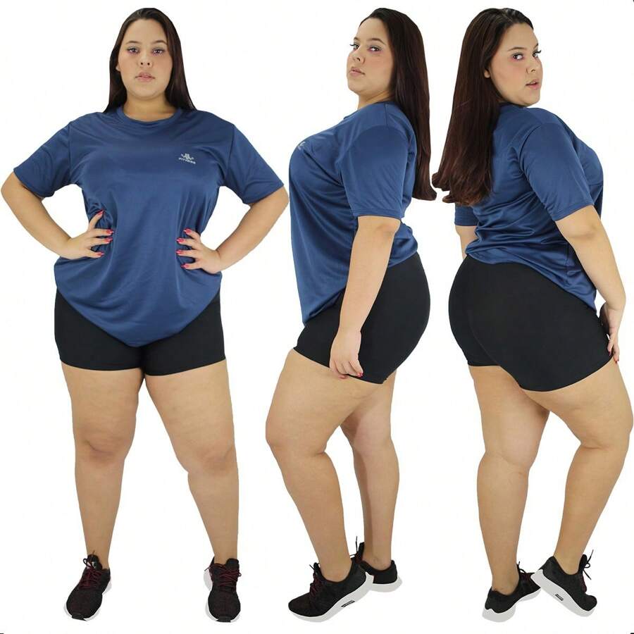 Women's Plus Size Gym Dry Fit T-Shirt - 藏蓝色 - 查看 1