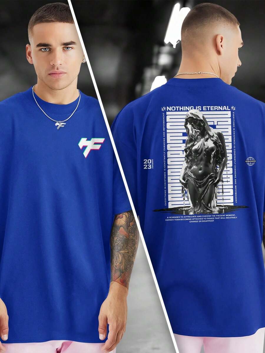 NOTHING IS ETERNAL 100% Cotton Printed T-Shirt Front And Back GPJ1 - 寶藍色 - 查看 1