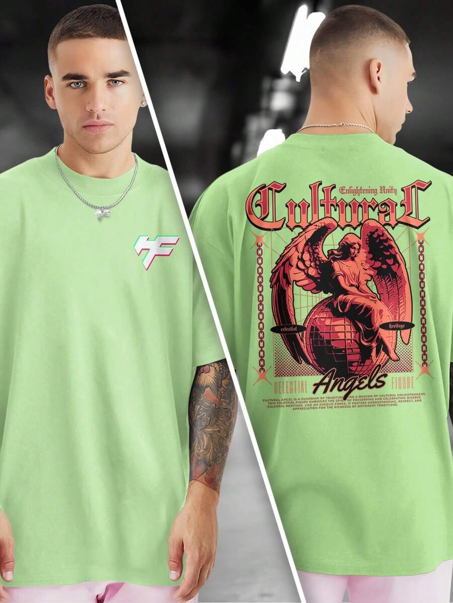 CULTURAL ANGEL 100% Cotton Printed T-Shirt Front And Back GPJ1 - 薄荷綠 - 查看 1