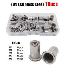 1 Box 70/205/402pcs Flat Head Insert Rivet Nut Rivnut Mix M3 M4 M5 M6 M8 Set Assortment Kit 304 A2-70 Stainless Steel Carbon Steel Aluminum