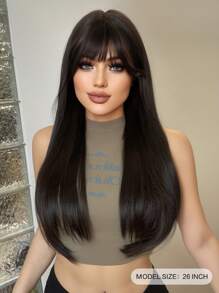 1-Piece Synthetic Heat Resistant Straight Hair Bangs Wig Brown 26 Inches Full Machine Weave Daily Natural Realistic Wig