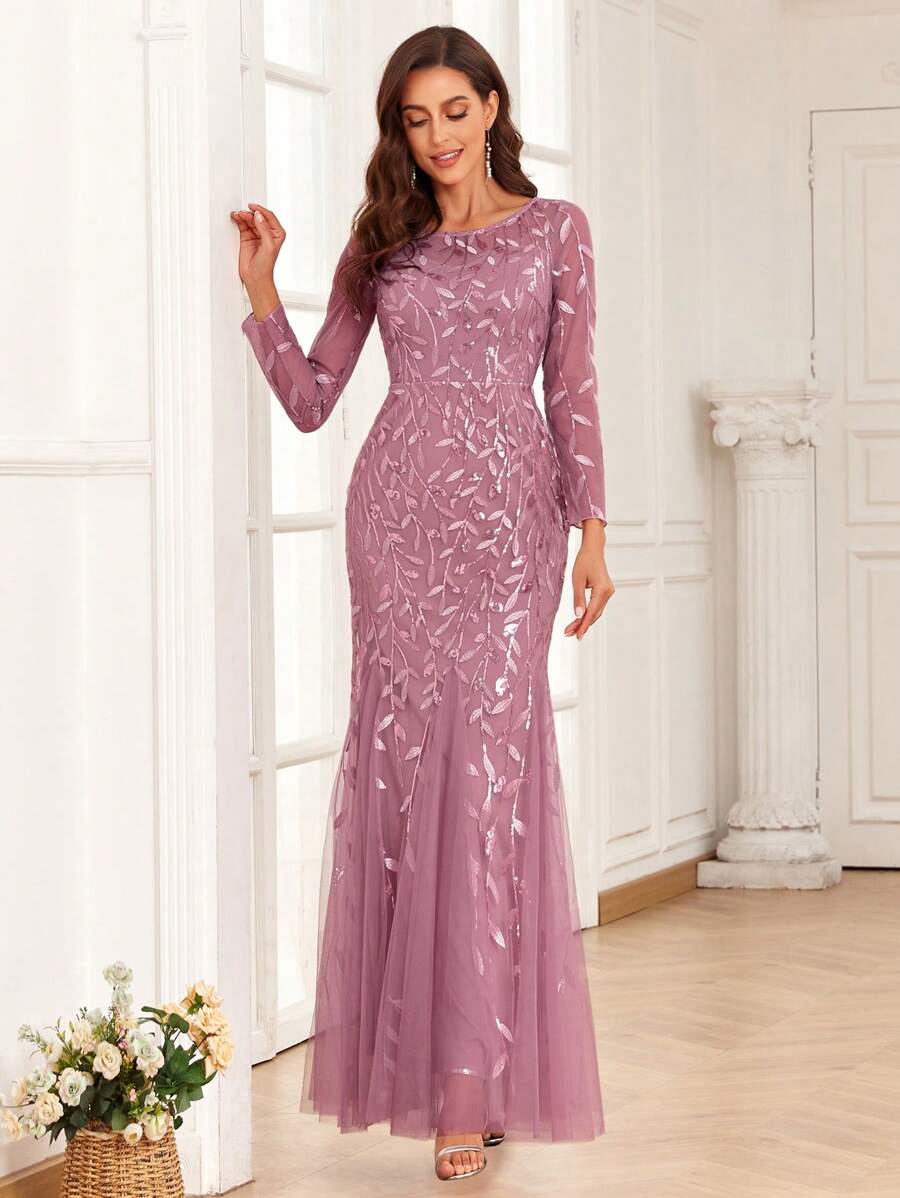 Women Elegant Contrast Sequins Embroidered Mesh Mermaid Hem Evening Dress,Prom Gown,Wedding Guest Dress , Dinner For Holiday Party Clothes - Dusty Pink - View 1