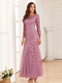 Women Elegant Contrast Sequins Embroidered Mesh Mermaid Hem Evening Dress,Prom Gown,Wedding Guest Dress , Dinner For Holiday Party Clothes - Dusty Pink - View 11