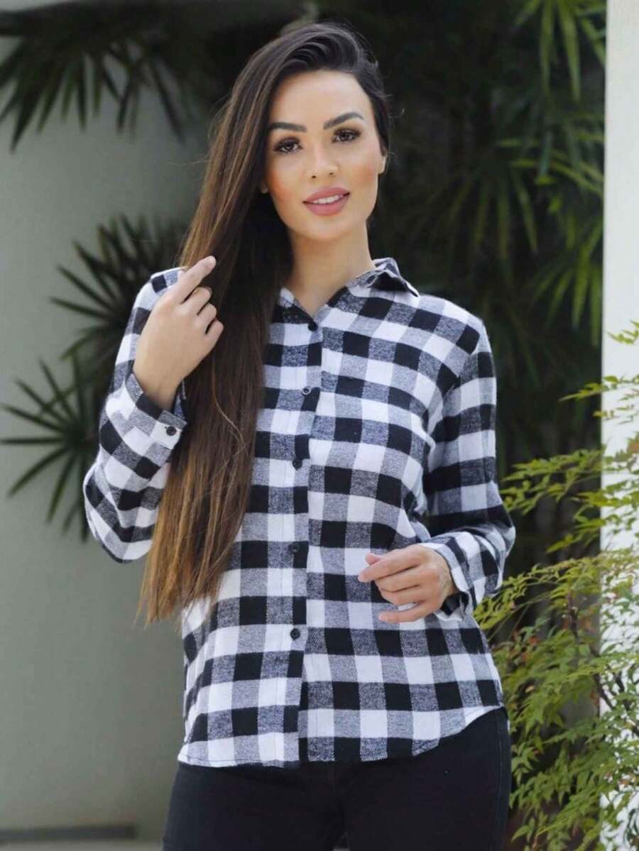 Women's Plaid Shirt Fabric Long Sleeve With Pocket And Buttons Chemise Elegant Duna Versatile Cotton Plus Size T-Shirt - Black and White - View 1