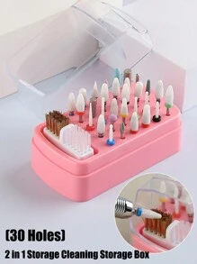 2 In 1 Nail Drill Bit Holder And Nail Drill Bits Cleaner Brush Case, 30 Holes Nail Drill Bits Organizer Display Stand Container Box, Manicure Drill Cleaning Brush, Professional Nail Tools