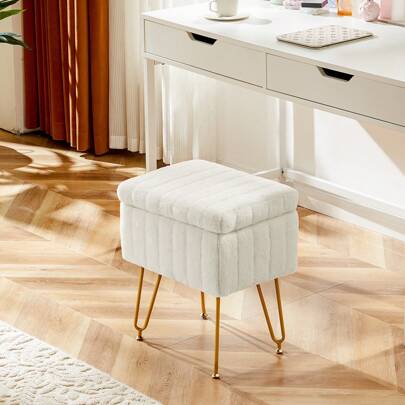 Sweetcrispy Vanity Stool Chair With Storage, Ottoman Faux Fur Soft Padded Makeup Footstools Seat With 4 Metal Legs Anti-Slip Adjustable Feet Modern Cute Small Footrest For Home Entryway Bedroom White Back To School Dormitory Storage