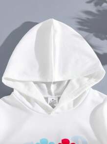 2 件套青少年女孩春/秋休闲可爱简约服装：花朵和字母印花罗纹袖口连帽衫长袖上衣和花卉印花牛仔效果直筒松紧腰裤，柔软舒适的户外/假日小学秋季童装，日常百搭时尚 - 白色 - 查看 3