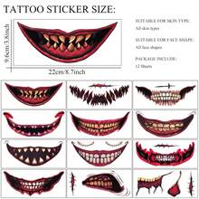 12 张万圣节嘴巴纹身贴纸，万圣节恶作剧化妆临时纹身纸恐怖唇大嘴巴脸部纹身适合成人女性男性小丑角色扮演万圣节化妆恶作剧道具 - 紅色 - 查看 8