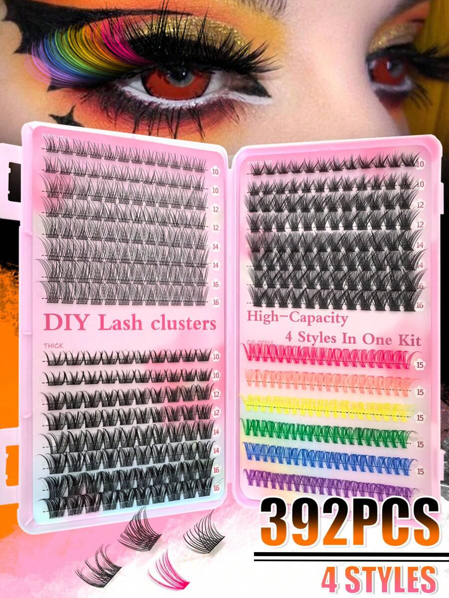 392 piezas Racimos de pestañas individuales coloridas de gran capacidad con tallo ancho, rizado D, de 10-16 mm, con temática de Halloween, para DIY. Volumen dramático y 7 colores mezclados, look natural, extra grueso, efecto plumoso, ultra suave, super ligero, pestañas postizas individuales reusables segmentadas, kit de extensión de pestañas para uso en casa en Halloween, cosplay y vida diaria