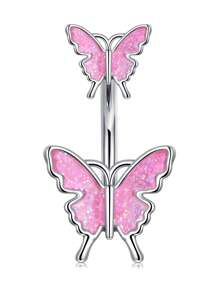 CIZME 1PC Belly Button Ring Dangle Navel Belly Piercing Jewelry Cute Pink CZ Heart Bow Flower Navel Belly Rings For Women 14G Silver Stainless Steel Dainty Dangly Dangling Belly Button Piercing - Pink - View 6