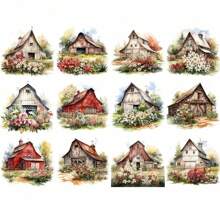 12 件/套彩色纸 2 英寸（5 厘米）农场和谷仓撕贴纸，适用于剪贴簿