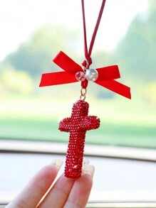 1pc Rhinestone Encrusted Ceramic Cross Car Hanging Decor - one-size - View 7