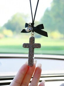 1pc Rhinestone Encrusted Ceramic Cross Car Hanging Decor - one-size - View 8