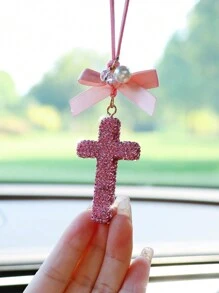 1pc Rhinestone Encrusted Ceramic Cross Car Hanging Decor - one-size - View 6