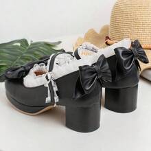 Women Kawaii Mid Block Heel Mary Jane Rockabilly Pumps With Bow Platform Chunky Heel Cute Sweet Shoes Valentines