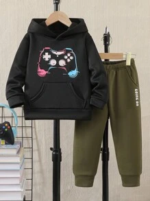 2 件装年轻男孩电子游戏印花连帽运动衫和裤子冬季休闲运动套装 - 黑色 - 查看 1