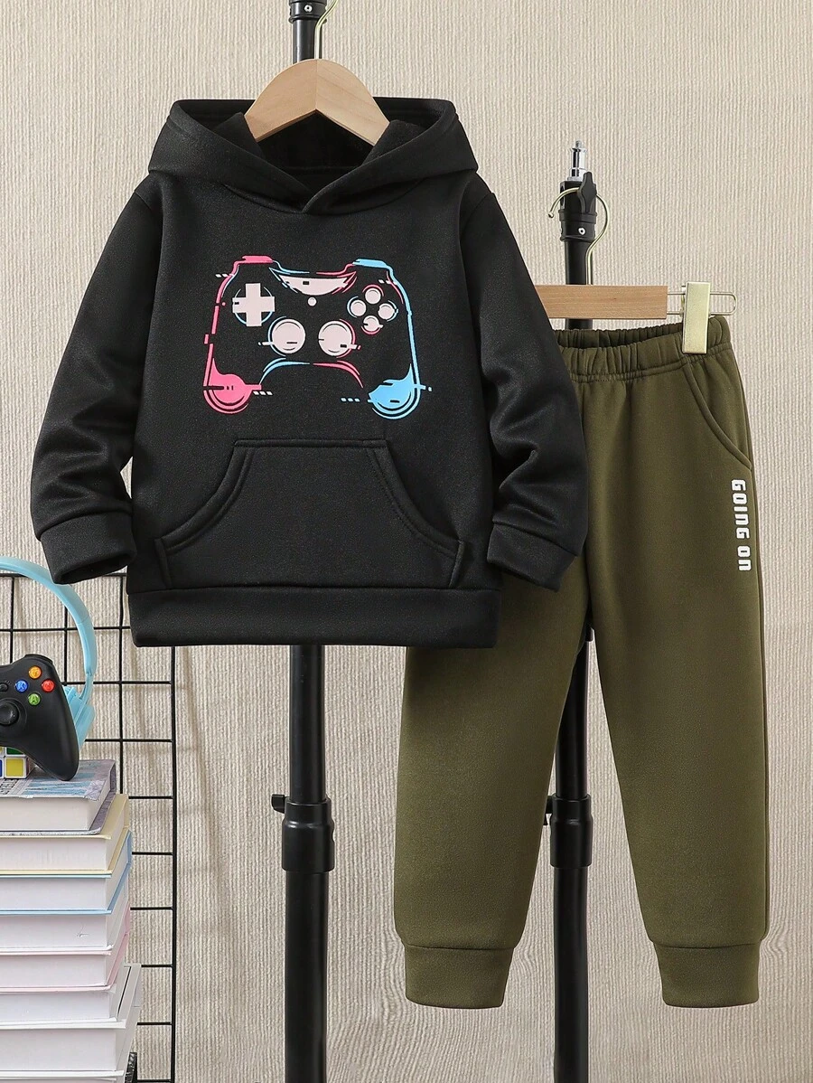 2 件装年轻男孩电子游戏印花连帽运动衫和裤子冬季休闲运动套装 - 黑色 - 查看 1