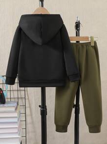 2 件装年轻男孩电子游戏印花连帽运动衫和裤子冬季休闲运动套装 - 黑色 - 查看 2