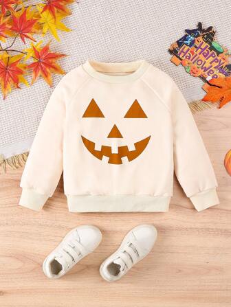 Young Boy Cartoon Print Round Neck Raglan Sleeve Long Sleeve Casual Sweatshirt, Autumn/Winter
