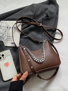 BEIKAMU 复古风格新月单肩包，通勤百搭简约纯色斜挎包带链条 - 咖啡棕 - 查看 7