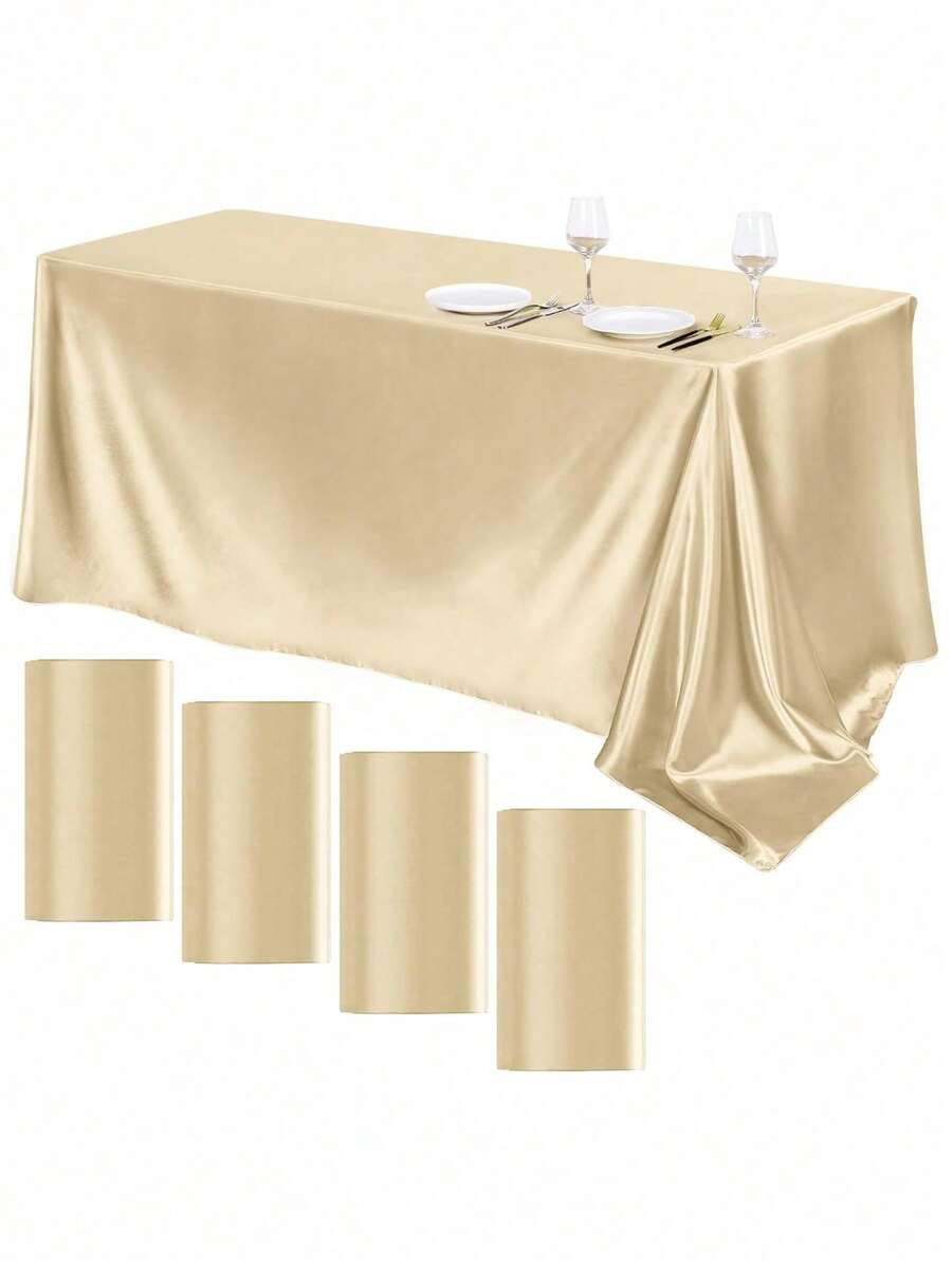 1pc Silk-Like Satin Solid Color Rectangle Tablecloth For Wedding Banquet, Tea Table, Suitable For Wedding Party, Dining Room Decor - Champagne - View 1